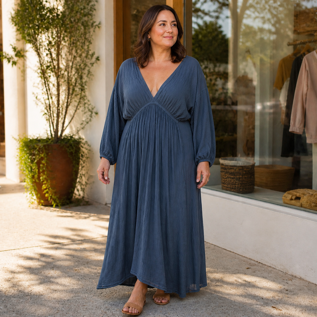 Slate blue long-sleeve maxi dress styled in lifestyle setting