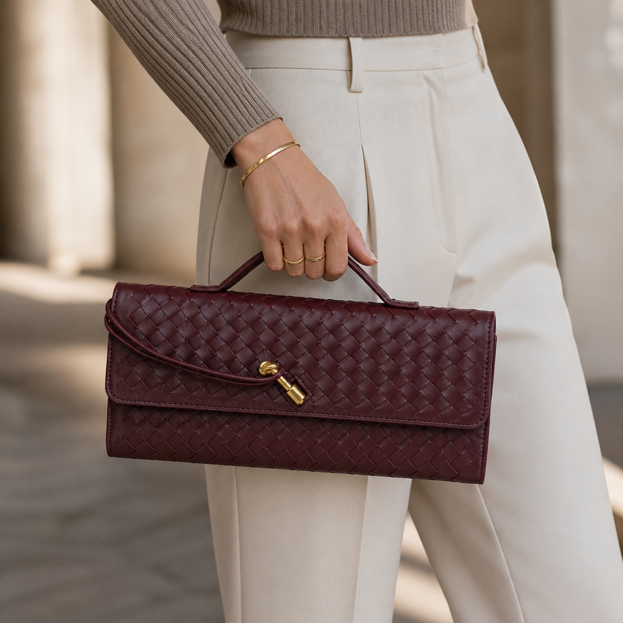 Burgundy Woven Top-Handle Clutch - lifestyle