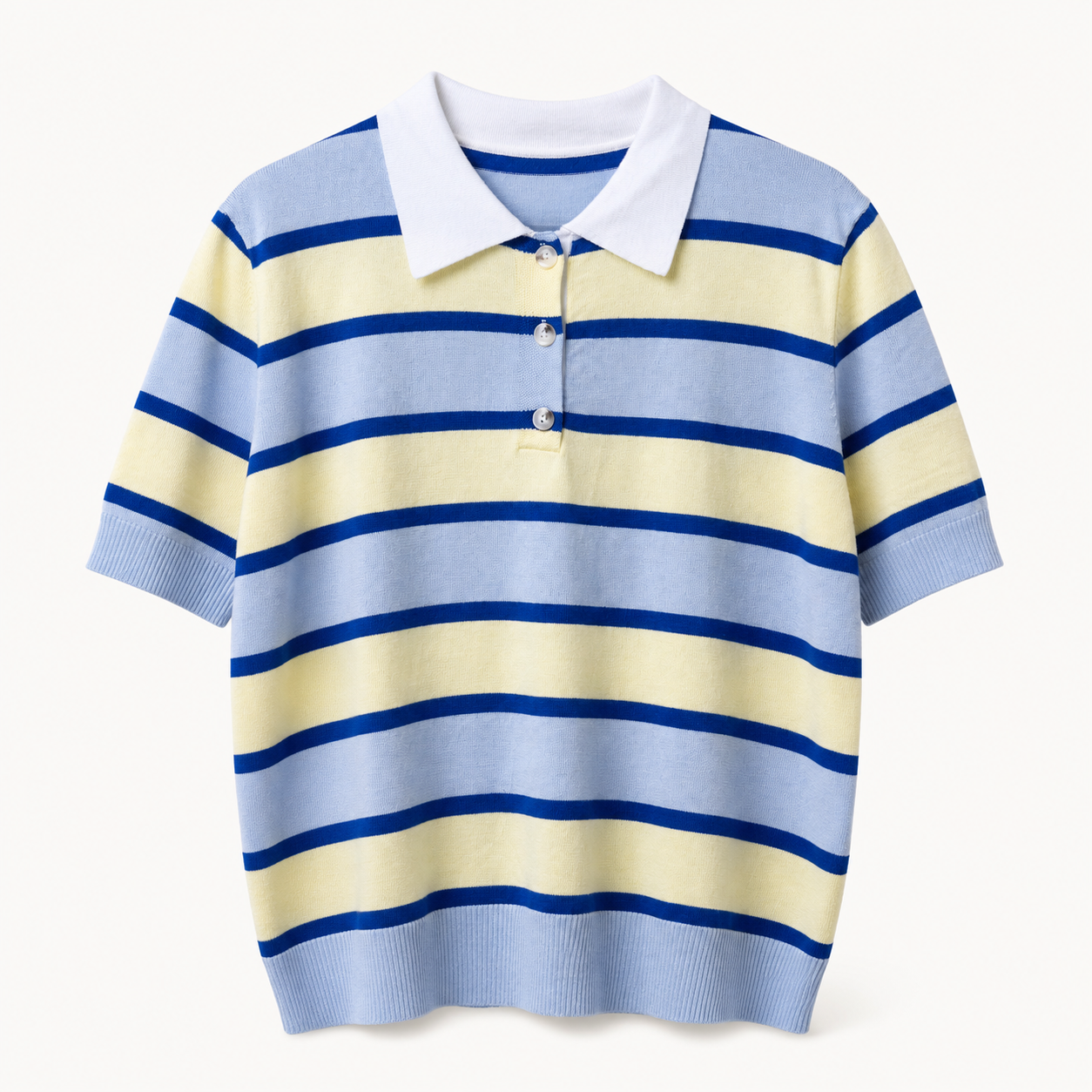 Blue and yellow striped knit polo, front flat-lay view
