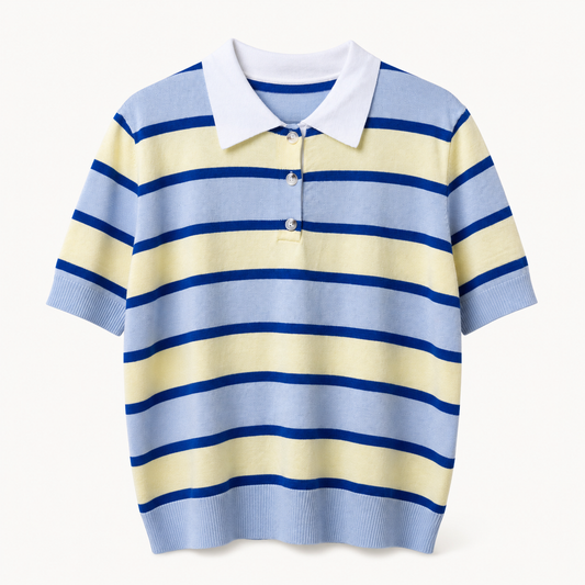 Blue and yellow striped knit polo, front flat-lay view