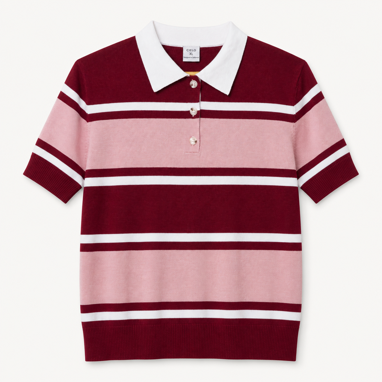 Women's burgundy and pink striped knit polo shirt with white collar, front flat-lay view