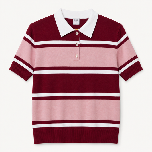 Women's burgundy and pink striped knit polo shirt with white collar, front flat-lay view