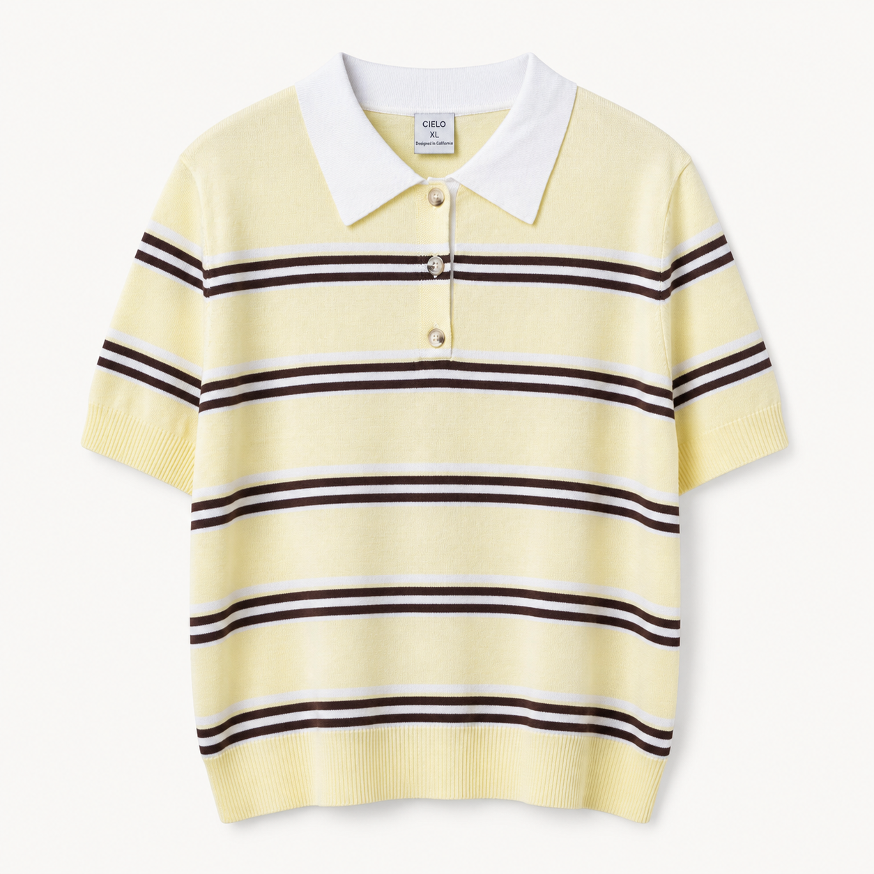 CIELO yellow striped knit polo, front flat-lay view