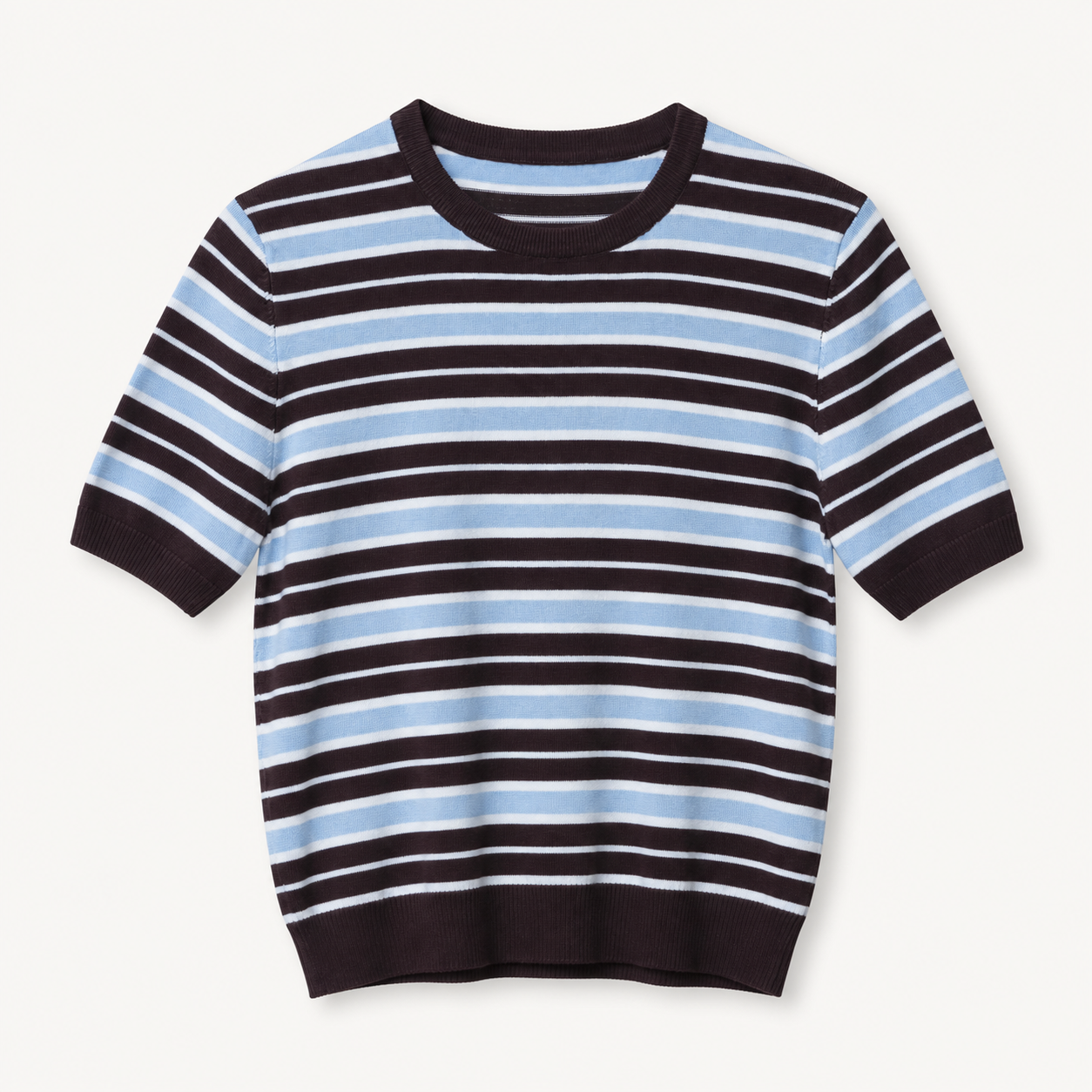 Brown and blue striped knit top, front flat-lay view