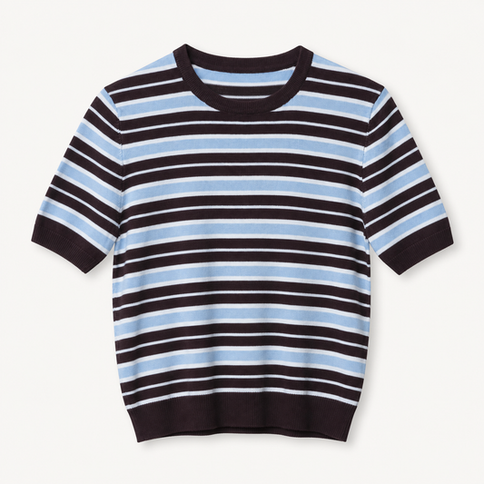 Brown and blue striped knit top, front flat-lay view
