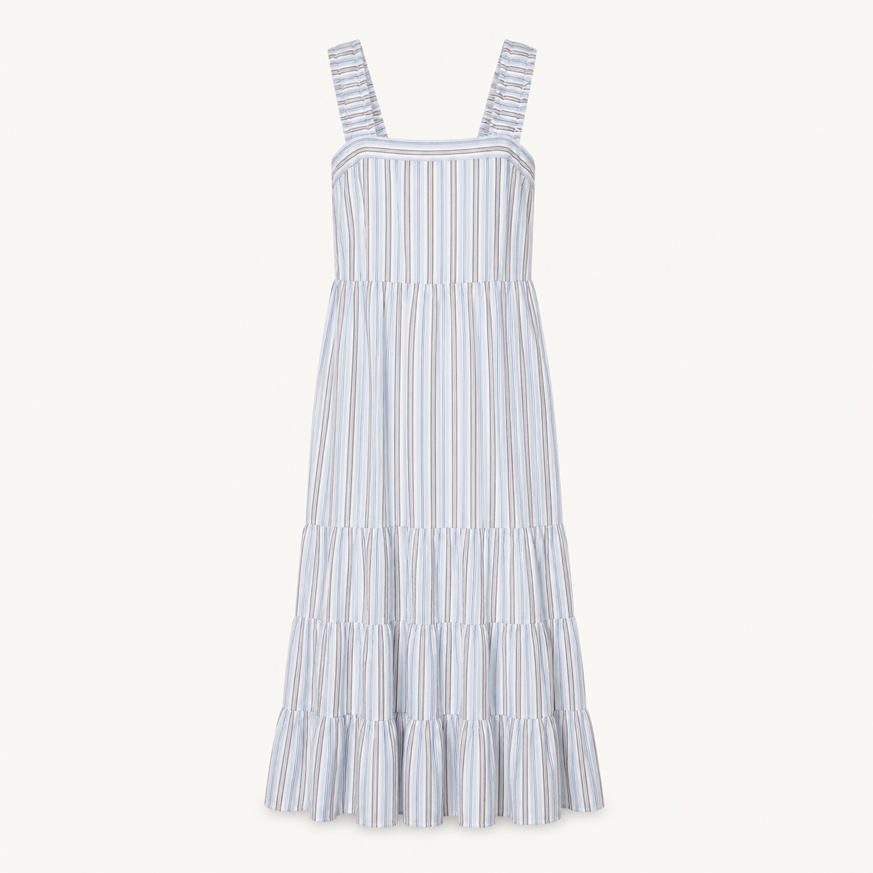 Blue and taupe striped tiered maxi dress, front flat-lay view