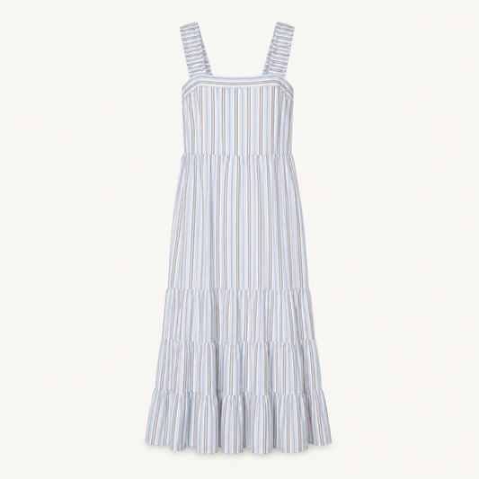 Blue and taupe striped tiered maxi dress, front flat-lay view