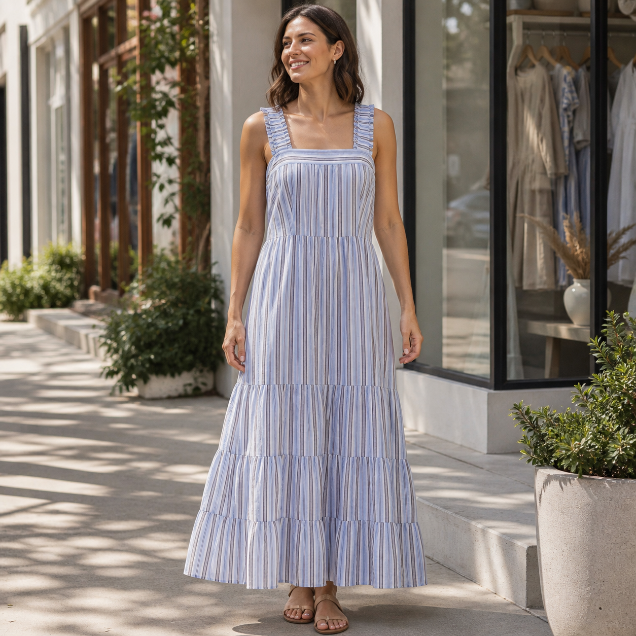 Blue and taupe striped tiered maxi dress styled in lifestyle setting