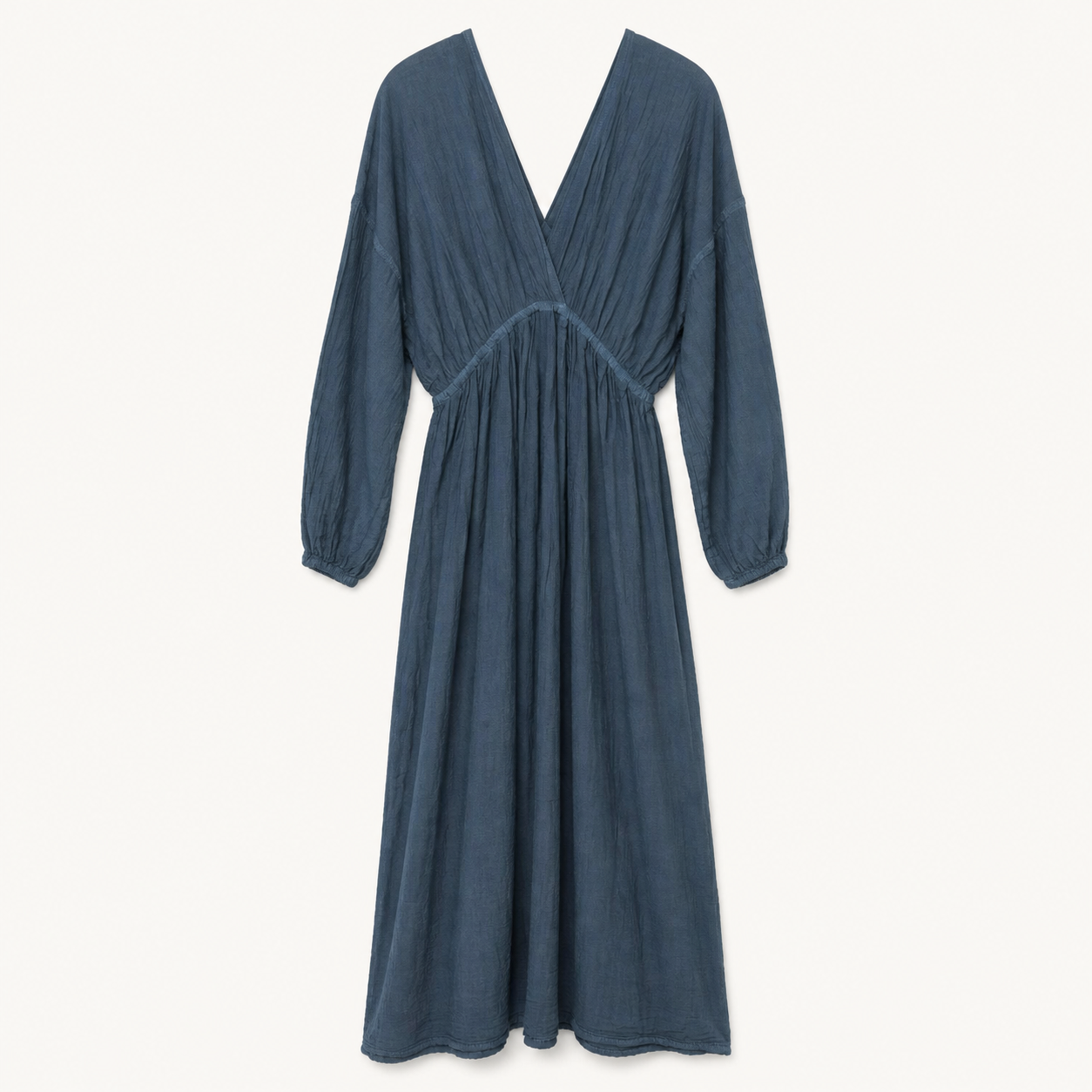Slate blue long-sleeve maxi dress, front flat-lay view