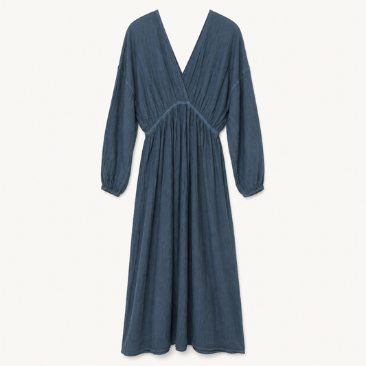 Slate blue long-sleeve maxi dress, front flat-lay view