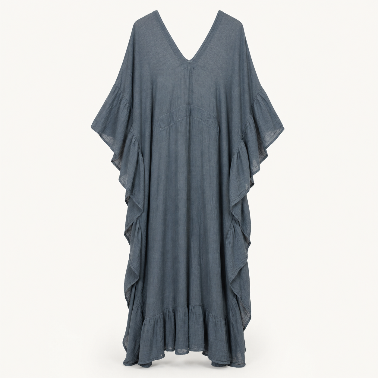 Slate blue ruffled kaftan dress, front flat-lay view