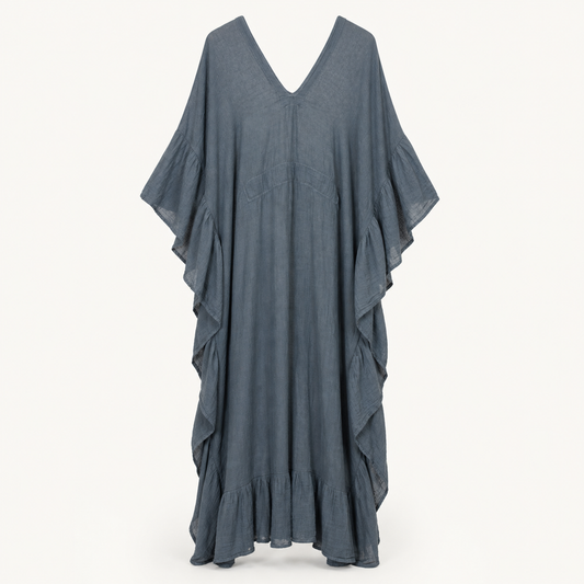 Slate blue ruffled kaftan dress, front flat-lay view