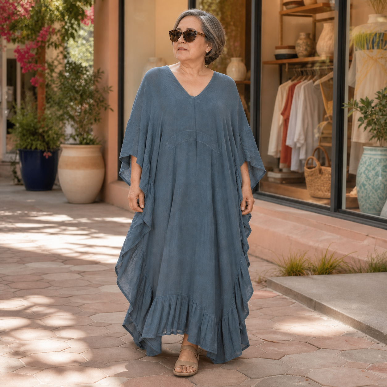 Slate blue ruffled kaftan dress styled in lifestyle setting