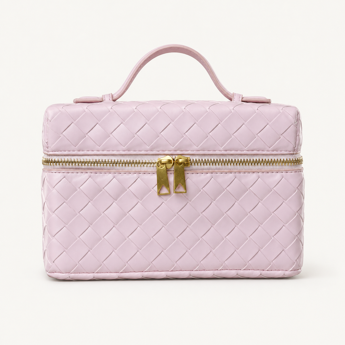 Pink structured woven top-handle bag with gold-tone hardware on white background