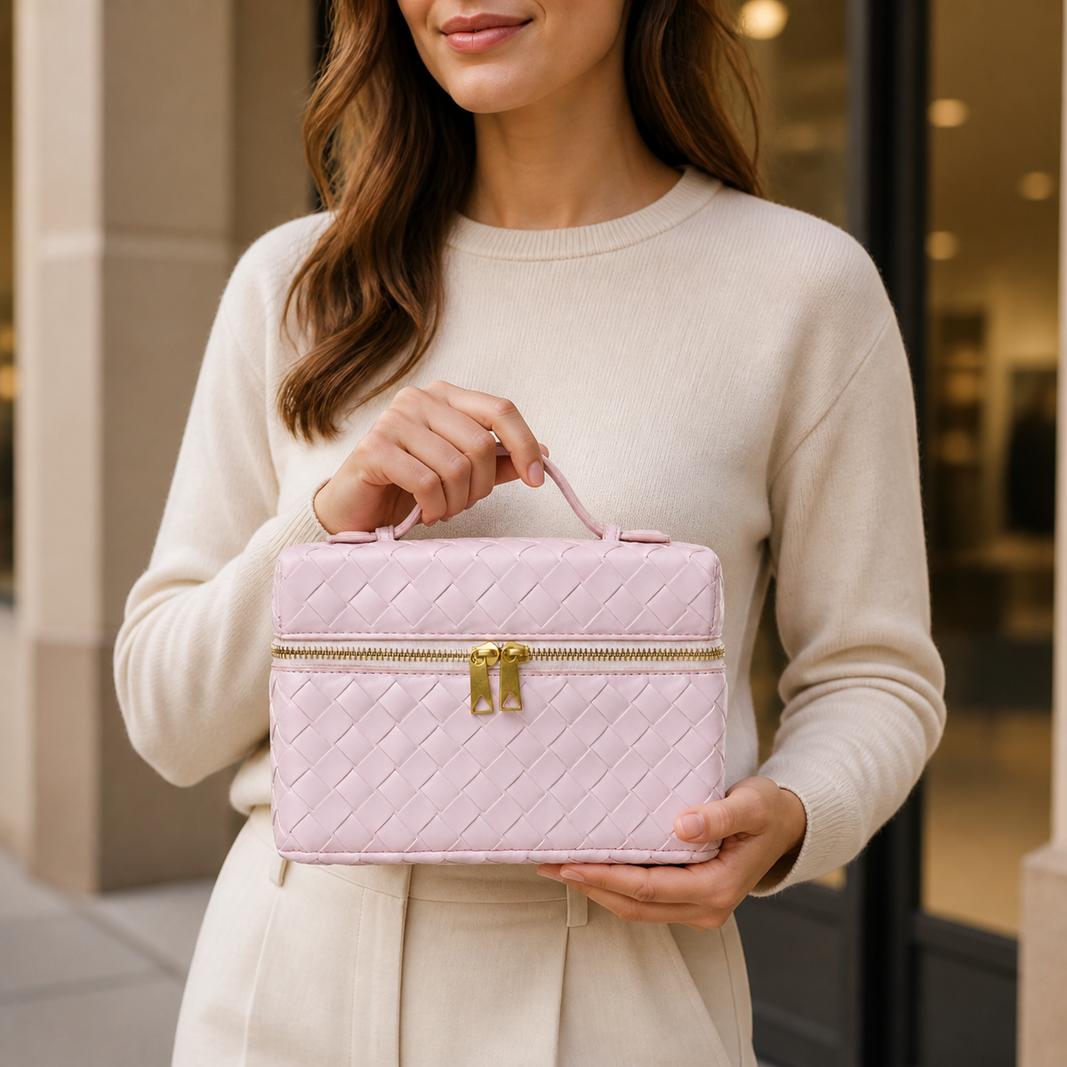 Pink structured woven top-handle bag styled in lifestyle setting