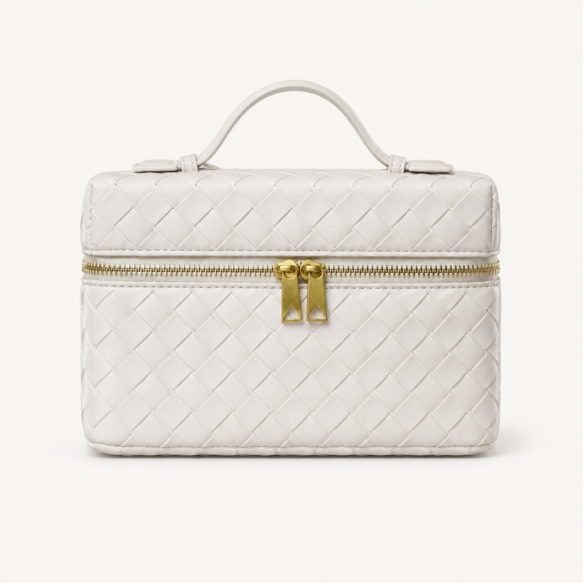 Ivory structured woven top-handle bag with gold-tone hardware on white background
