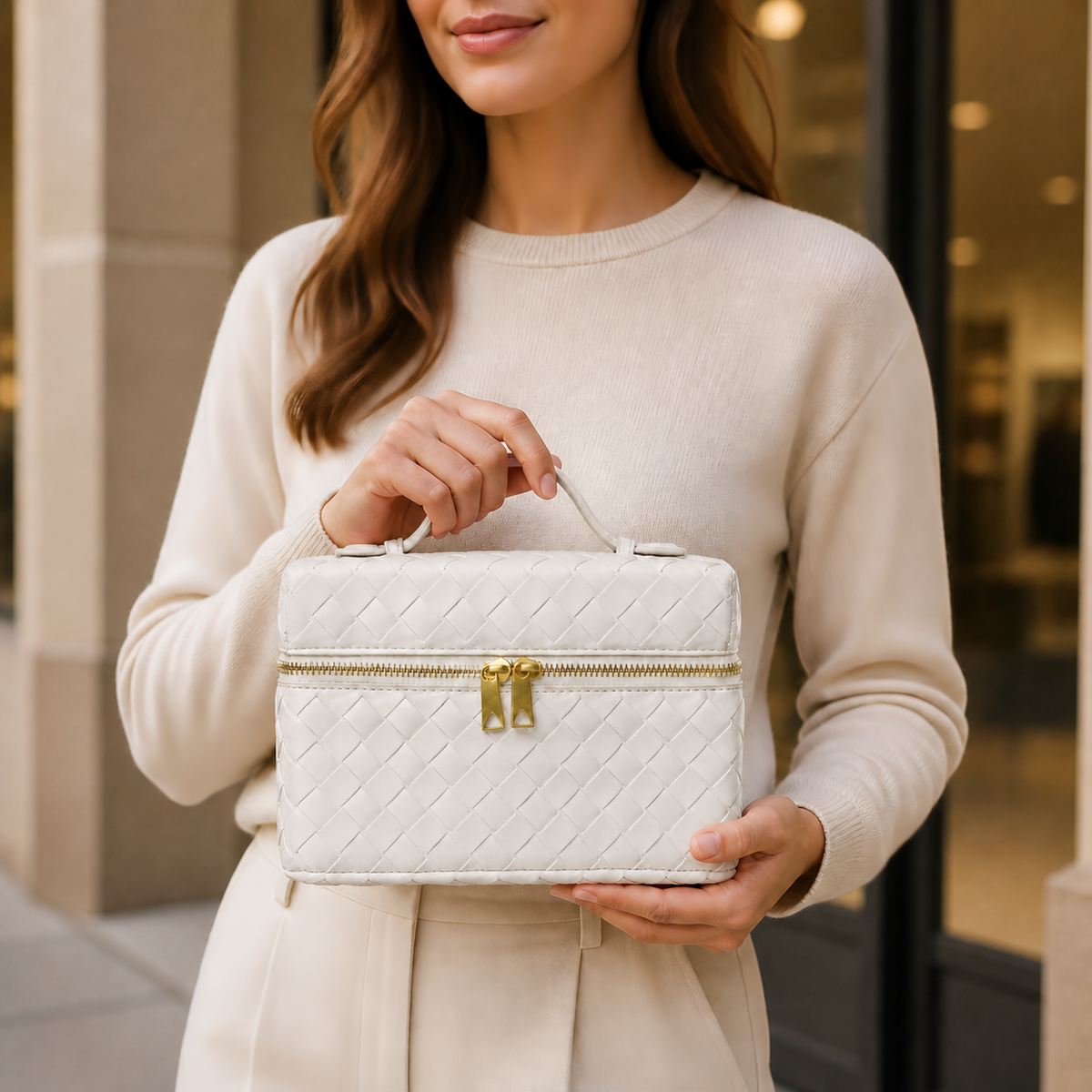 Ivory structured woven top-handle bag styled in lifestyle setting