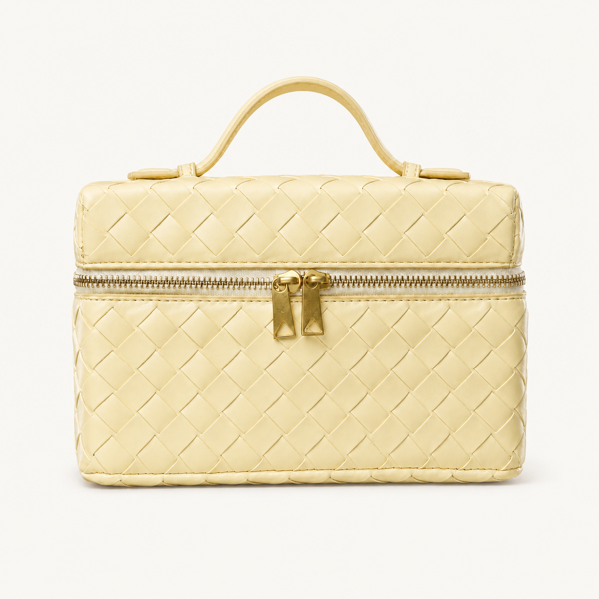 Dark green structured woven top-handle bag with gold-tone hardware on white background