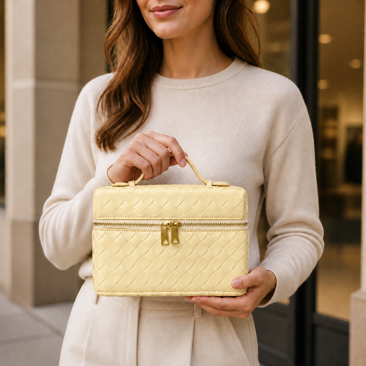 Dark green structured woven top-handle bag styled in lifestyle setting