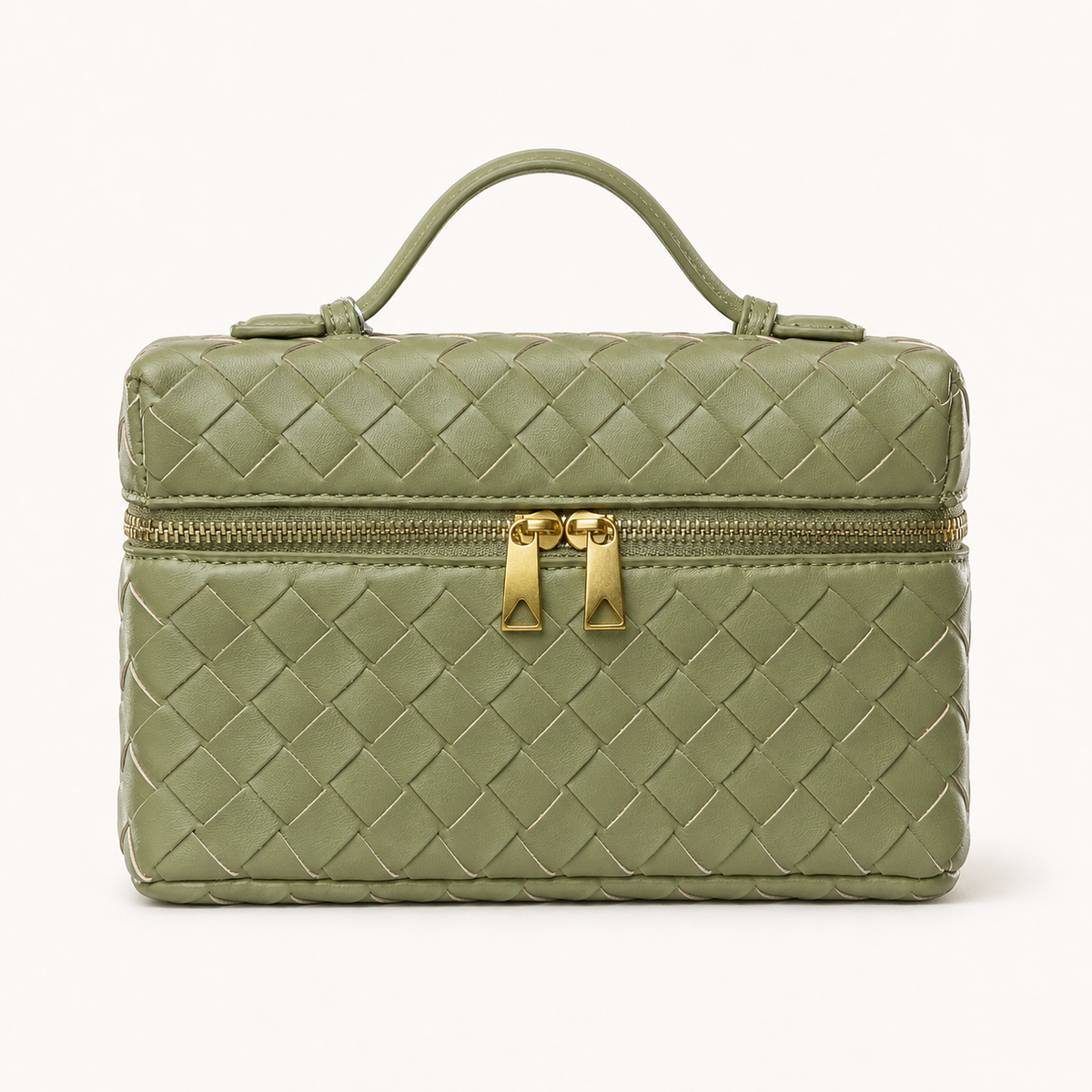 Sage green structured woven top-handle bag with gold-tone hardware on white background