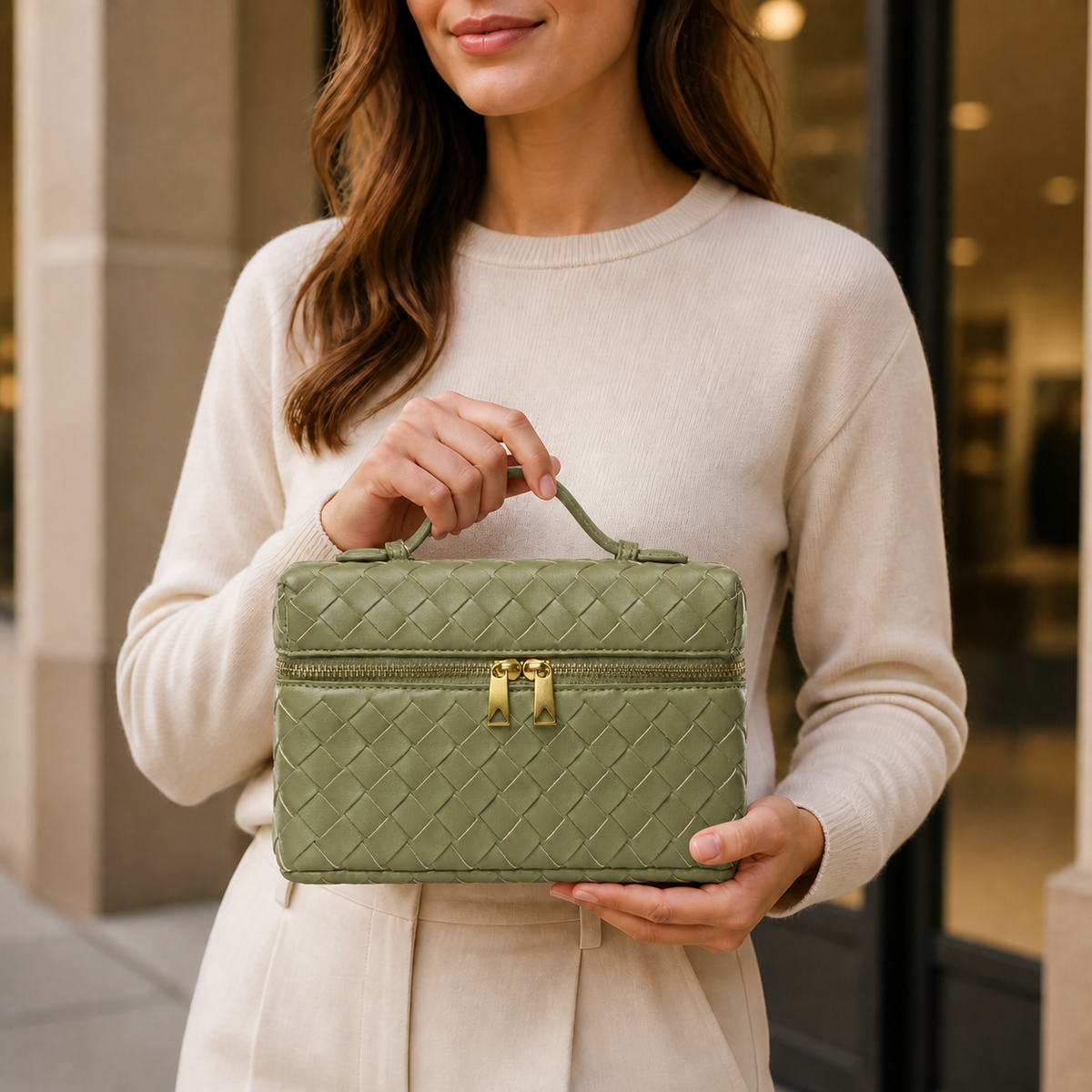 Sage green structured woven top-handle bag styled in lifestyle setting