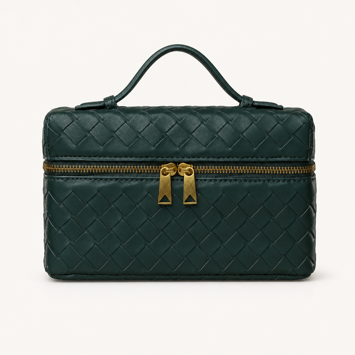 Silver structured woven top-handle bag with gold-tone hardware on white background