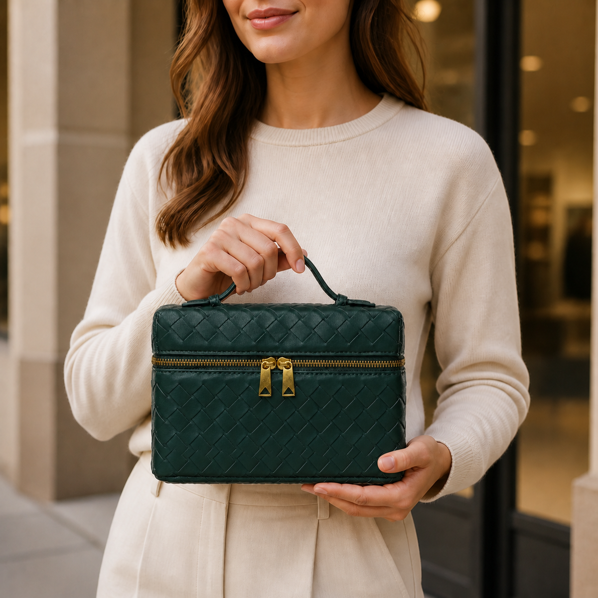 Silver structured woven top-handle bag styled in lifestyle setting