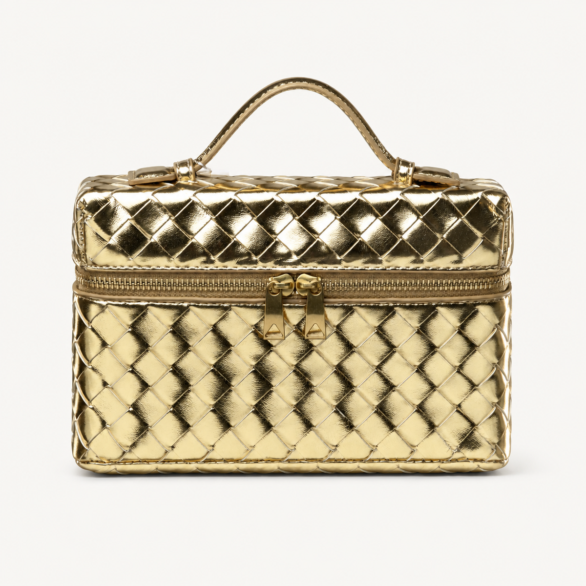 Gold structured woven top-handle bag with gold-tone hardware on white background