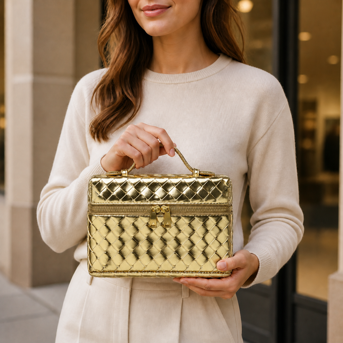 Gold structured woven top-handle bag styled in lifestyle setting