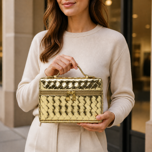 Gold structured woven top-handle bag styled in lifestyle setting