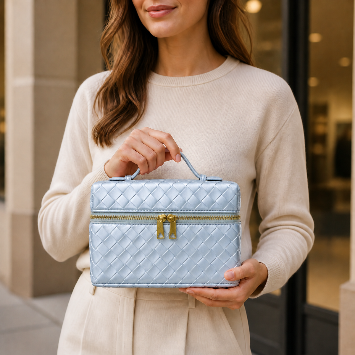 Burgundy structured woven top-handle bag styled in lifestyle setting
