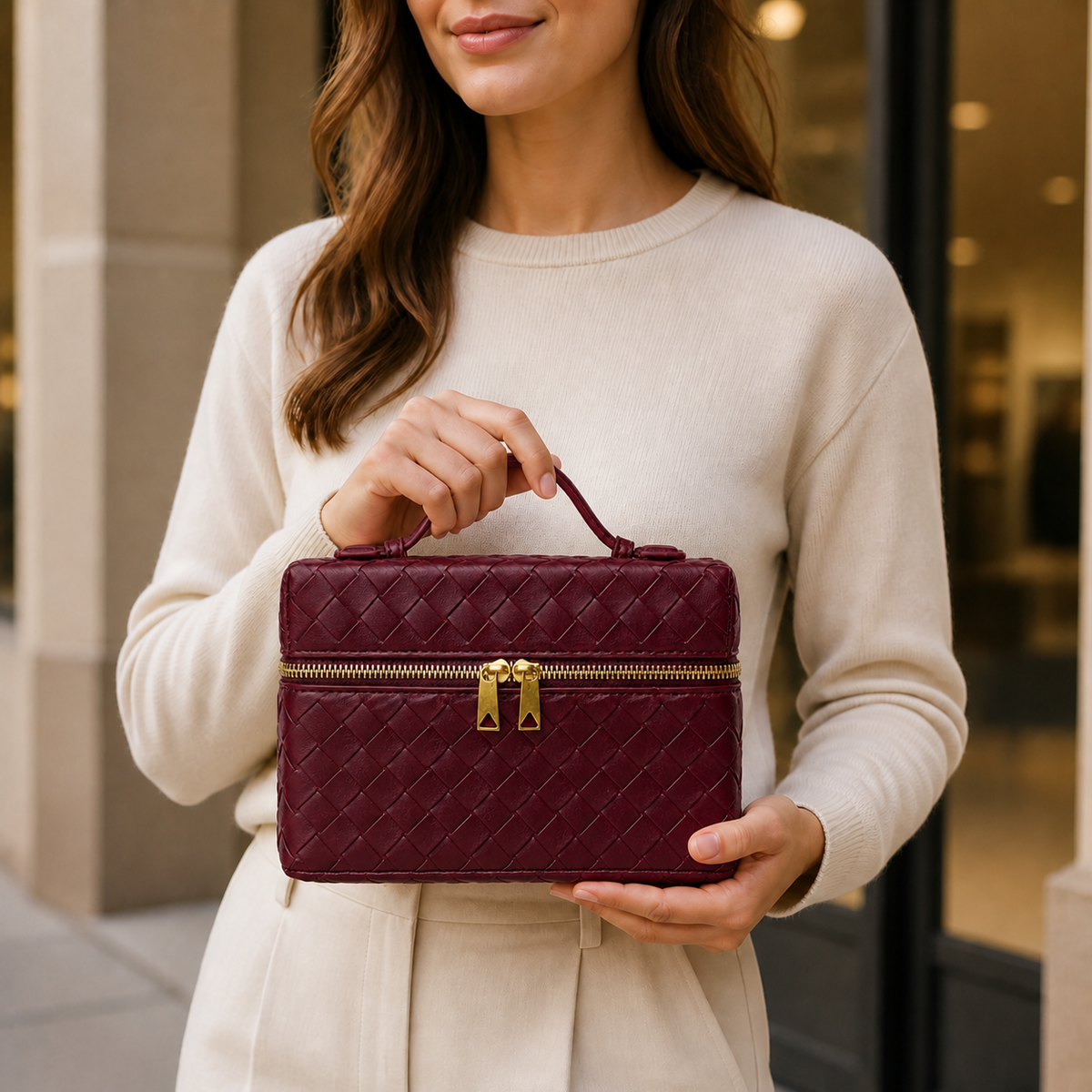 Black structured woven top-handle bag styled in lifestyle setting