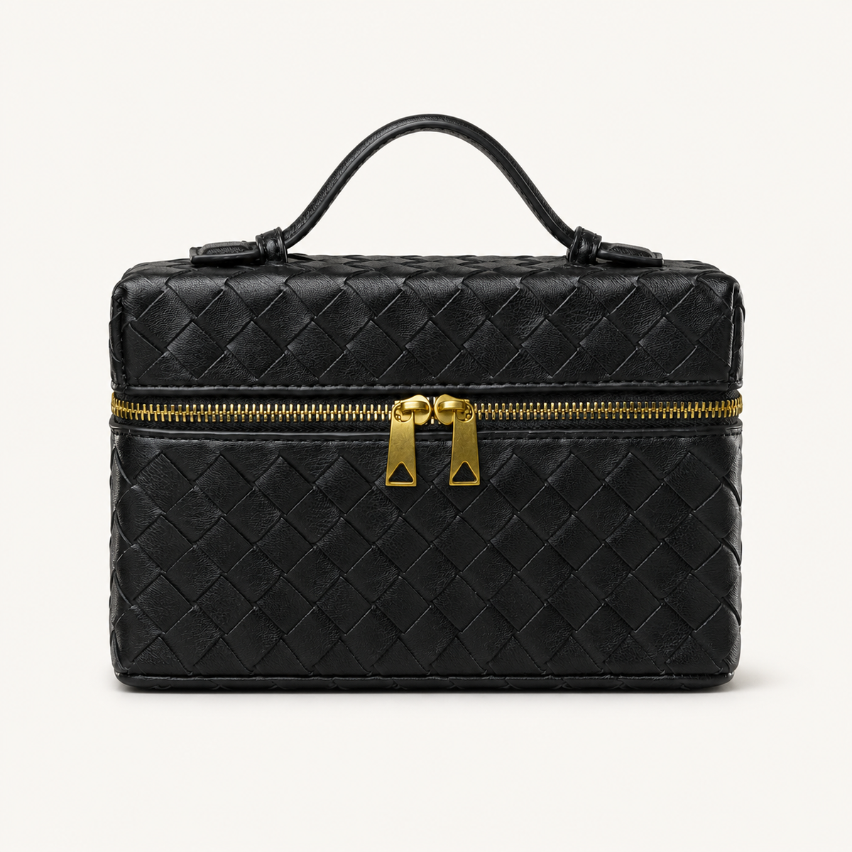 Pale yellow structured woven top-handle bag with gold-tone hardware on white background