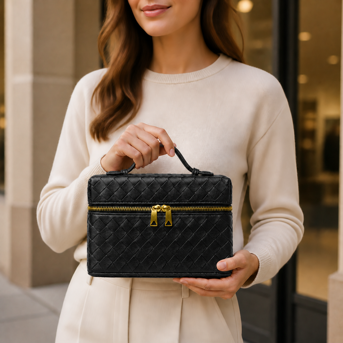 Pale yellow structured woven top-handle bag styled in lifestyle setting