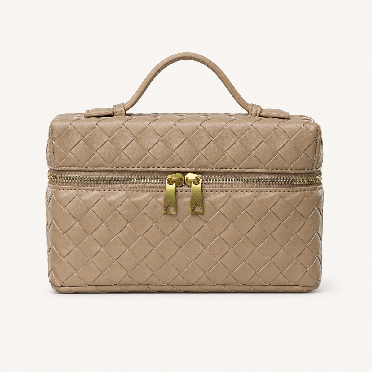 Taupe structured woven top-handle bag with gold-tone hardware on white background