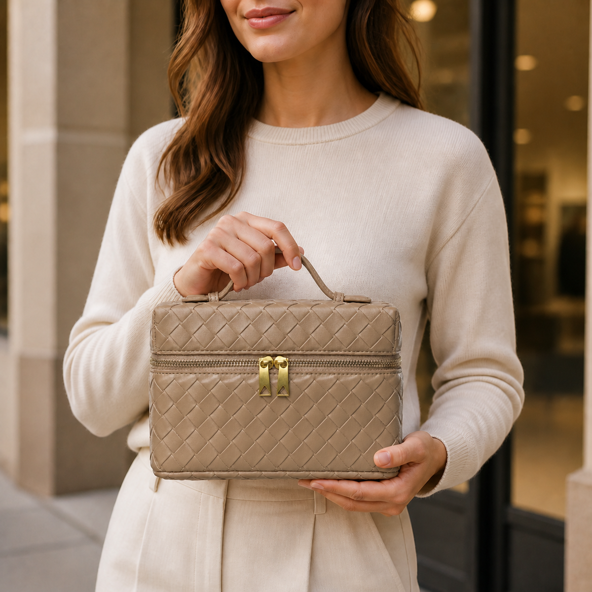 Taupe structured woven top-handle bag styled in lifestyle setting