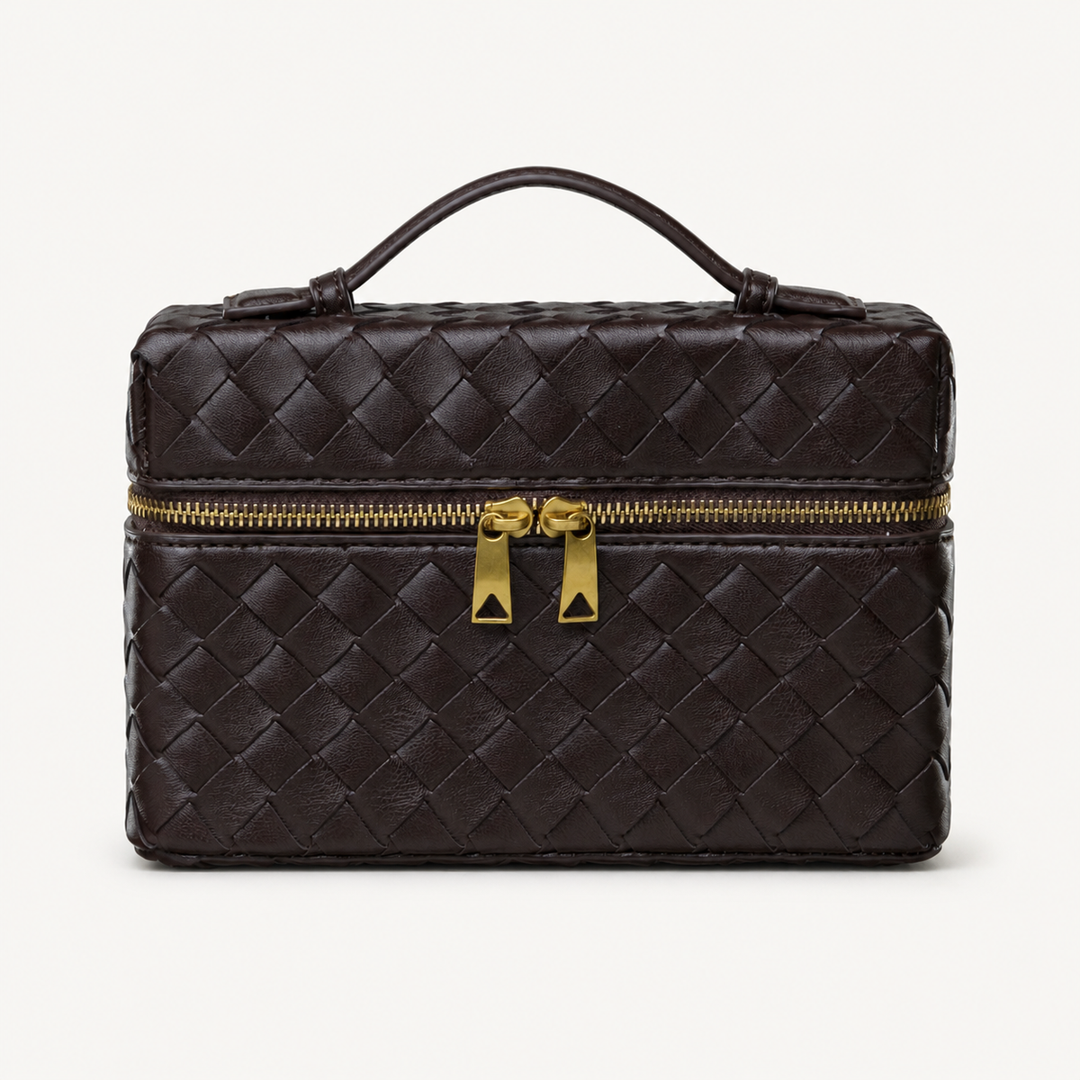 Espresso brown structured woven top-handle bag with gold-tone hardware on white background