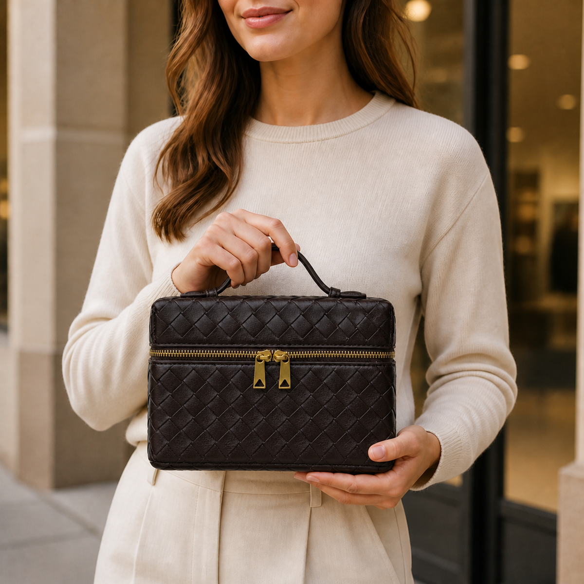 Espresso brown structured woven top-handle bag styled in lifestyle setting