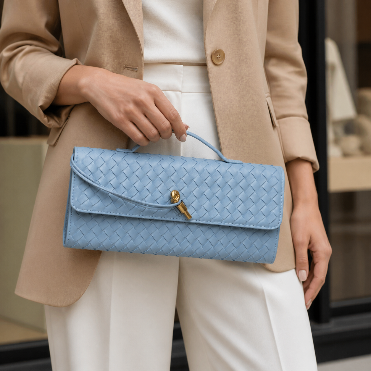 Light Blue Woven Top-Handle Clutch - lifestyle