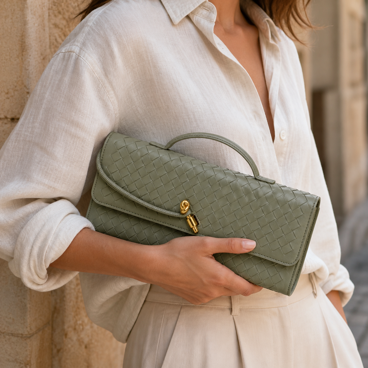 Sage Green Woven Top-Handle Clutch - lifestyle