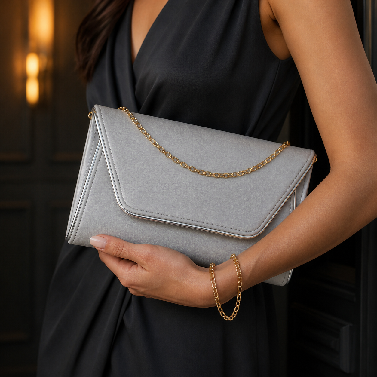 Grey Envelope Clutch with Chain Strap - lifestyle