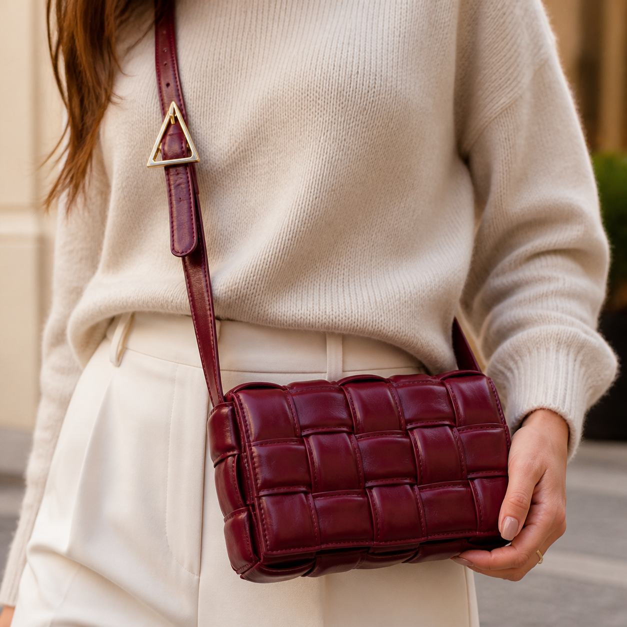 Burgundy Padded Woven Crossbody Bag - lifestyle