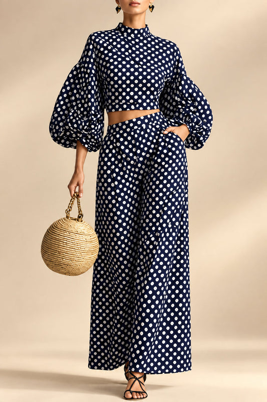 Women's 2-Piece Polka Dot Set – Lantern-Sleeve Mock-Neck Crop Top & High-Waisted Wide-Leg Trouser